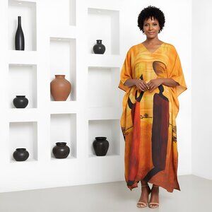 Gypsie Blu Yellow Lady Tribal Long Caftans Dress Kimono Sleeve for Evening Wear